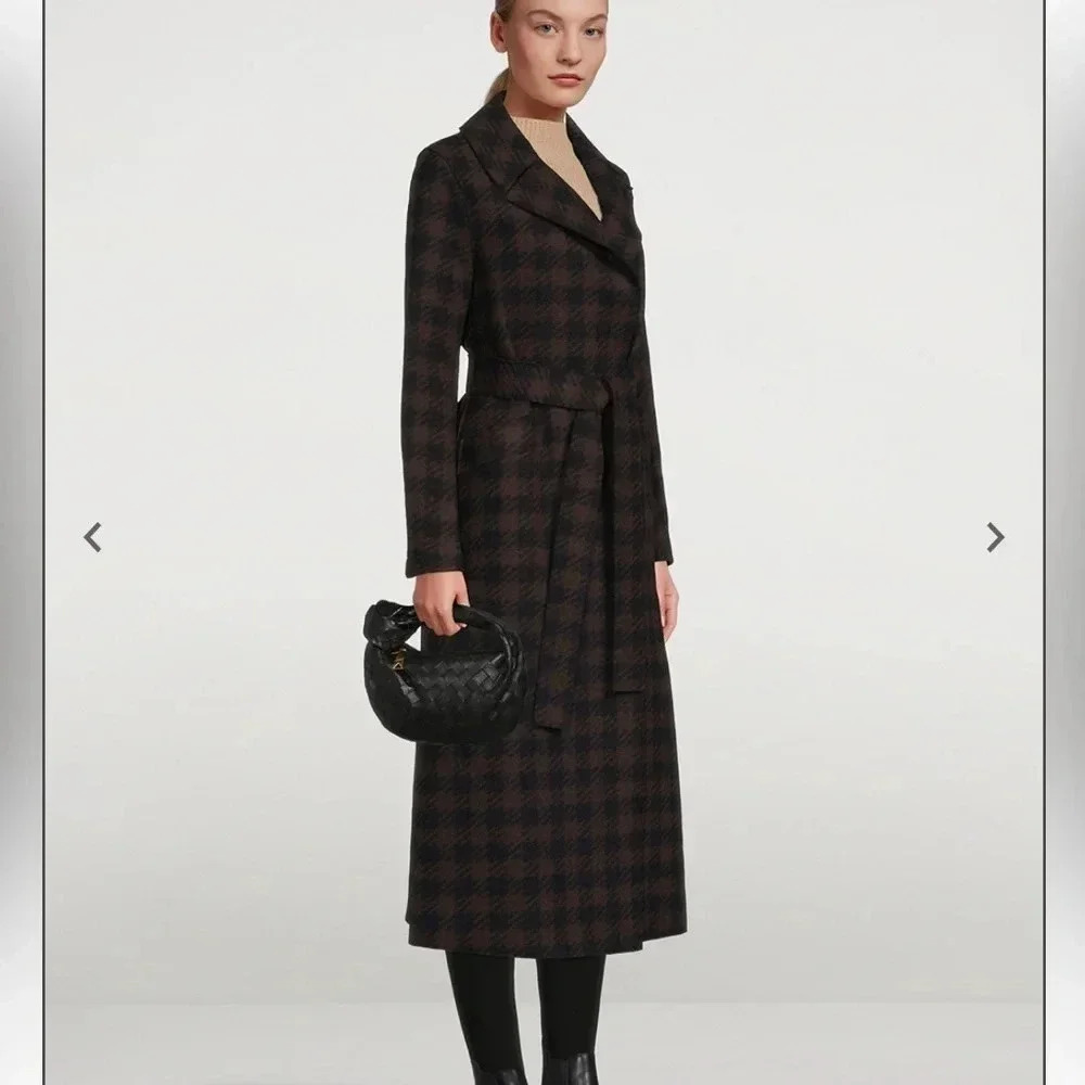 HARRIS WHARF LONDON EUC Gingham Belted Wool Maxi Coat Chocolate Brown Blue 10 44 - Picture 2 of 16